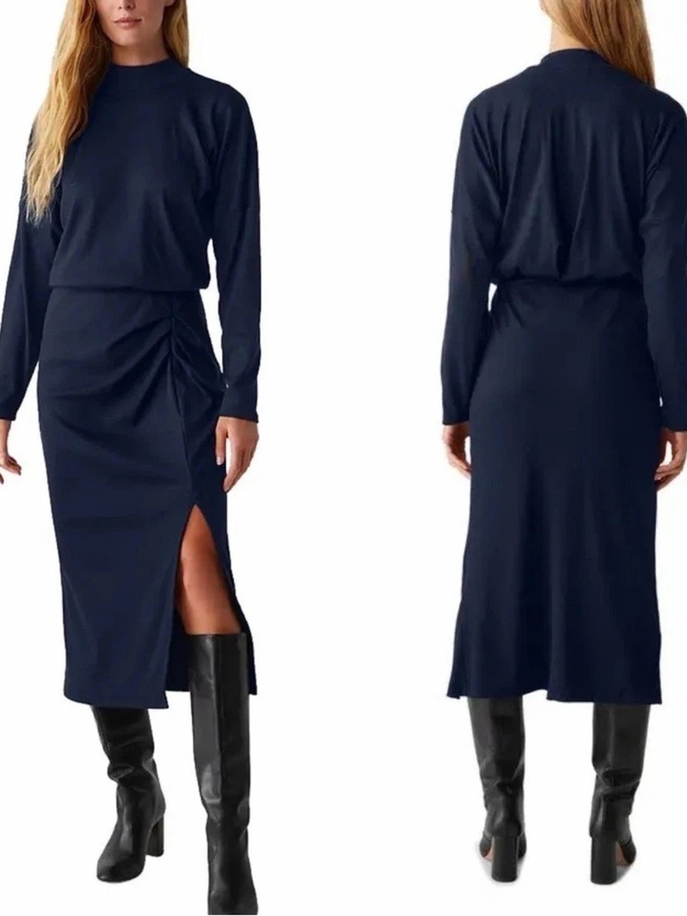 Michael Stars Navy Long-Sleeve Midi Dress with Side Slit
